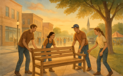 Young local artists help set up newly created benches along a welcoming downtown sidewalk during a community event.