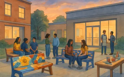 Illustration of teens and community members admiring custom-painted benches outside a studio building at dusk
