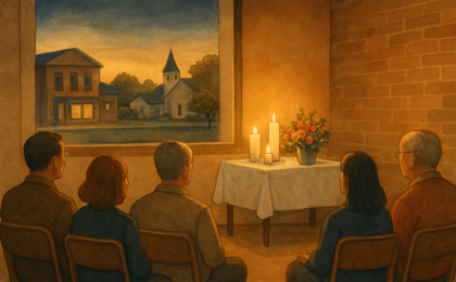 Evening celebration of life gathering with candles and flowers in a community venue