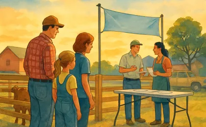 A rural community fair scene with volunteers and a family working together at a livestock-show area.
