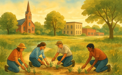 Volunteers planting native prairie plants in a downtown-adjacent natural area with mixed habitat zones.