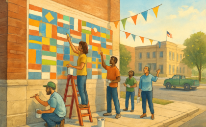 Volunteers repaint and expand an outdoor international flag mural with fresh colors and improved sidewalk nearby.