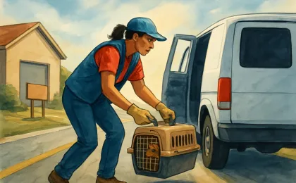 A volunteer prepares to transport a dog from an animal shelter toward a nearby town on the way to a rescue.