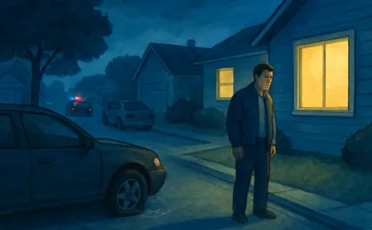 A nighttime neighborhood street scene with worried residents beside parked cars and implied surveillance activity after tire damage.