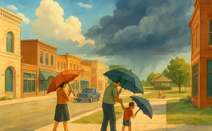 A sunny city street with approaching storm clouds and hints of summer heat haze.