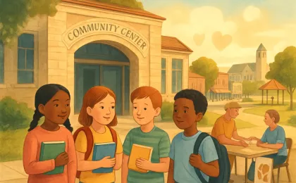 An illustration of children and community supporters gathering educational supplies and donation envelopes at a neighborhood center.