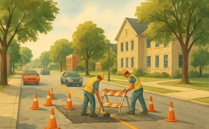 Artists depiction of roadway maintenance on a Topeka-area street with cars slowing near construction barriers
