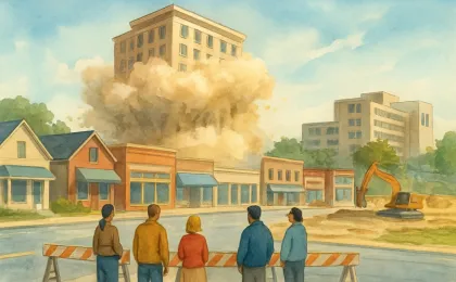 Artist’s illustration showing a controlled demolition near a Westport neighborhood with residents watching from a safe distance and a hospital-area lot in the background.