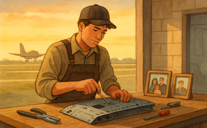 A Kansas-area aviation maintenance student caring for tools while a distant airbase scene suggests Navy support for aircraft operations.