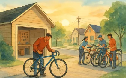 A cyclist and volunteers repair and donate bicycles in a neighborhood community workshop setting