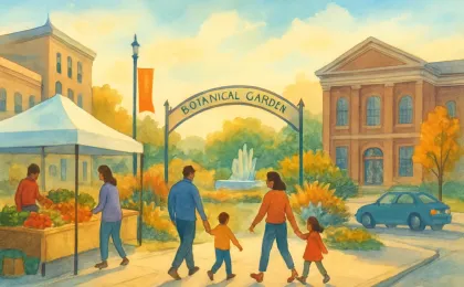 Illustration of a Wichita outdoor farmers market and family-friendly attractions with a botanical garden atmosphere