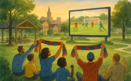 A group of soccer fans gathered under park shade in Wichita to watch a World Cup final.