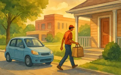 A volunteer delivering a meal to a homebound senior on a quiet Wichita neighborhood street