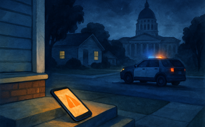 Illustration of police activity and digital threats in Wichita, with an illuminated phone and courthouse silhouettes in the background.