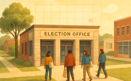 A county election office with multiple entry lanes during early voting hours.