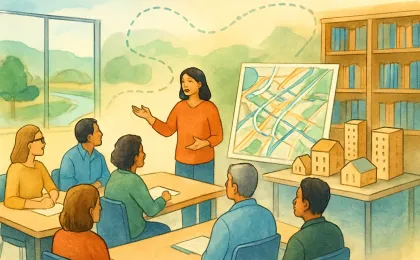 Residents gather in a library meeting room while planning materials, a housing model, and a trail-and-bridge illustration suggest community development.