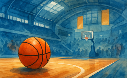 Illustration of a basketball inside an indoor arena representing Wichita’s upcoming NCAA opening-round games