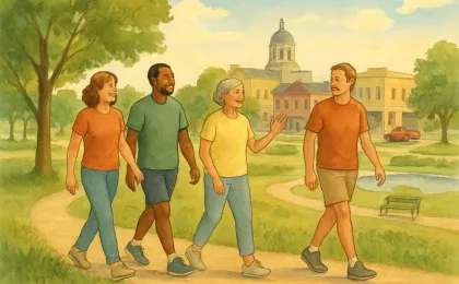 A group of residents walking together on a park trail, enjoying sunshine and friendly conversation