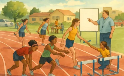 Illustration showing Wichita youth track athletes practicing relays with a coach and a simple community fundraiser setting in the background.
