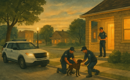 Illustration of emergency responders on a quiet east Topeka street after a dog attack