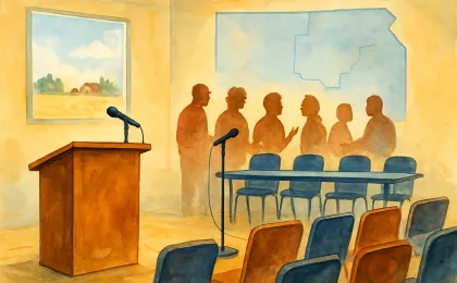 A community forum illustration with a panel table and audience silhouettes in a meeting room.