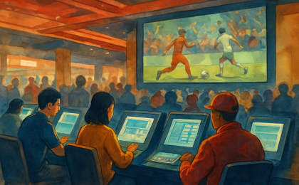 Busy casino sportsbook scene with bettors and a large sports display during a major tournament