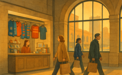 A busy indoor scene at a transit station with travelers and a souvenir display counter.