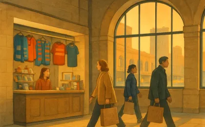 A busy indoor scene at a transit station with travelers and a souvenir display counter.