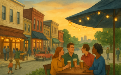 People gathered at a bar and restaurant in downtown Kansas City during a major sports event, suggesting higher local spending.