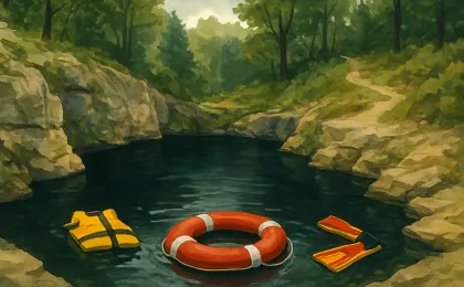 Illustration depicting a forest pool with rescue gear suggesting a drowning investigation