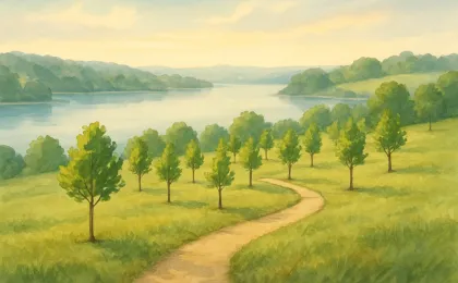 A serene hillside grove of trees overlooking a calm lake, representing a living memorial.