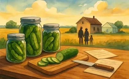 Warm rural kitchen illustration featuring jars of pickles and cucumber preparation with a farmstead backdrop