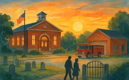 Illustration showing a Kansas town community, fire station, and remembrance setting.