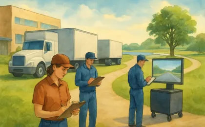 Community college training yard with parked trucks, trailers, and a driving simulator near a park-like riverside setting.