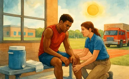 An athletic trainer and an athlete in a training room with water supplies, with a firefighter vehicle suggested in the background for emergency support.