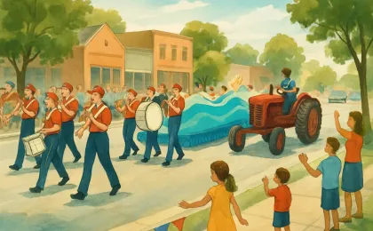 A community parade with a marching school band, a lake-themed float, and spectators cheering as a tractor rolls by.