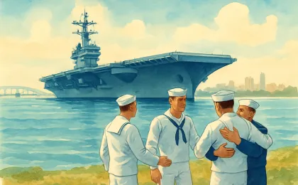 A stylized scene showing an aircraft carrier and reunion gathering with a calm ocean backdrop.
