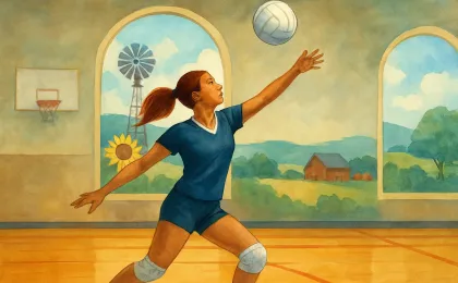 Illustration of a volleyball player beginning a Division I-style journey in an indoor court setting with hometown atmosphere