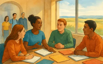 A hopeful illustration of youth and mentors planning a community prevention effort around a table, with learning materials and a welcoming meeting space.