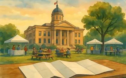 Community festival setup on a courthouse lawn with planning materials in the foreground