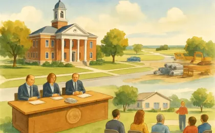 An illustrated county courthouse square and meeting scene with community chairs and nearby road-and-bridge materials