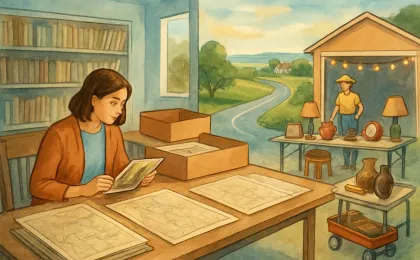 Illustration showing genealogy research materials in a library and a garage sale setup in a community setting.