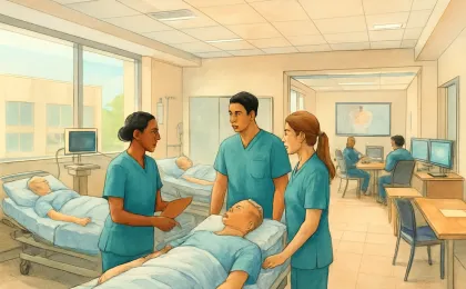 Illustration of a hospital-based simulation lab with furnished patient rooms and a nearby training/control area for healthcare students.
