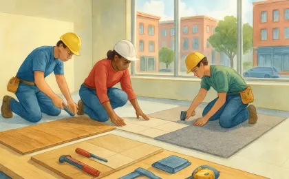 Illustration of a vocational workshop where trainees practice installing different flooring materials on a mock floor surface.