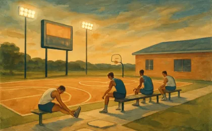 Illustration of athletes on a lit community college court with a conference-style path leading to the middle of the field.