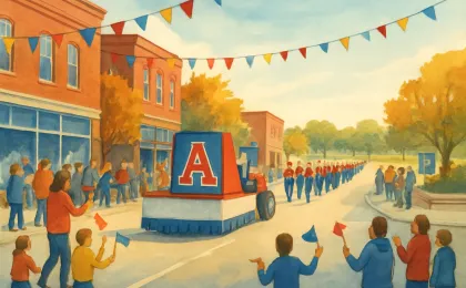 Illustration of a community parade along a main street with a crowd, floats, and a finishing point at a nearby park.