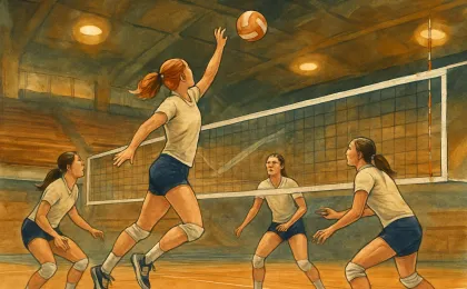 An indoor volleyball court illustration showing a mid-rally moment with a net centered and a team in motion.
