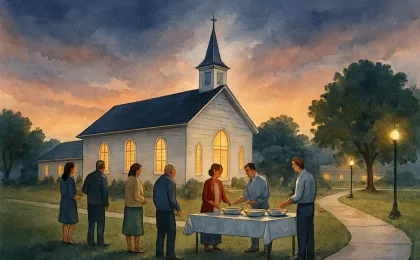 People gathering near a warmly lit small-town church with a covered food serving table at dusk.