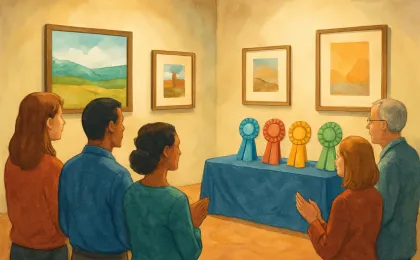 Illustration of a community arts awards ceremony inside a gallery with framed art and an unbranded awards display