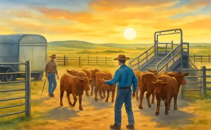 Illustration showing cattle and a ranch loading corral on the Kansas prairie at sunrise.